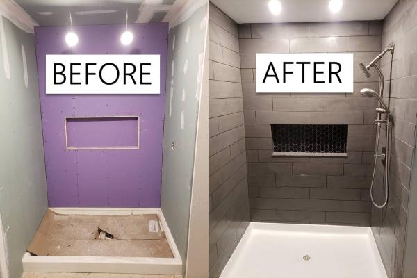 Before and after of a stunning walk-in shower installation by Applause Plumbing and Heating in Bethlehem, PA. Gray wall tile, black recessed shelf, white shower base, and silver shower wand and overhead shower showcase the transformative craftsmanship. Connect with us on social media for captivating time-lapse videos and more inspiring transformations.