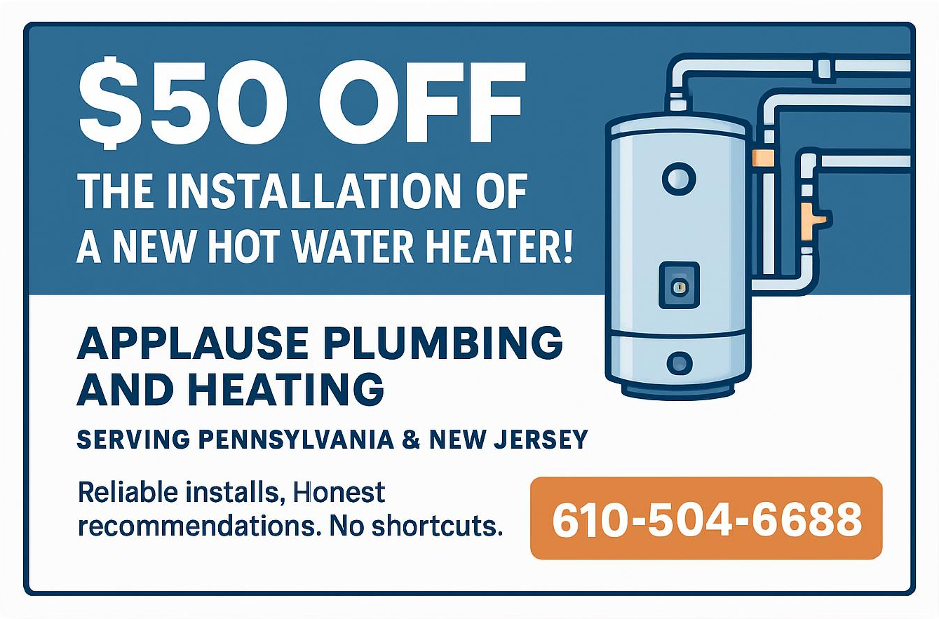 A coupon for $50 off the installation of a new hot water heater.