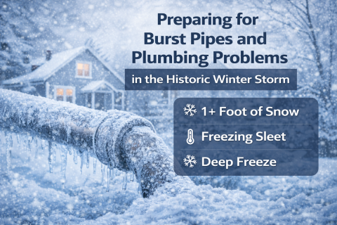 Frozen outdoor plumbing pipe during a winter storm, showing risk of frozen pipes in extreme cold.