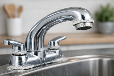 Limescale Buildup on Chrome Faucet