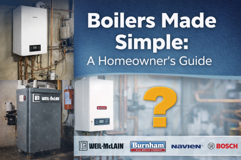 Modern residential boiler systems with copper piping and brand examples, alongside the title “Boilers Made Simple: A Homeowner’s Guide,” illustrating a beginner-friendly guide to understanding boiler heating systems.