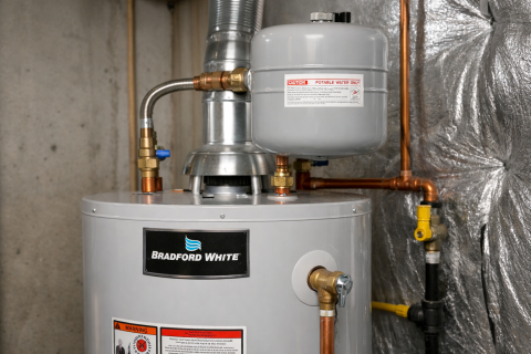Expansion tank attached to a Bradford White Water Heater.