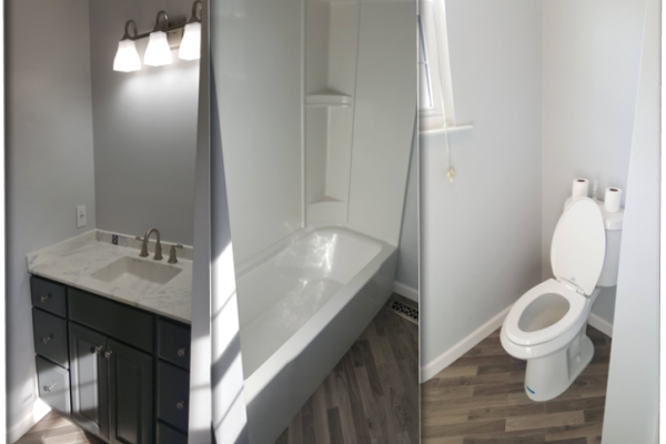 Triple-view of a stunning bathroom remodel by Applause Plumbing in Tatamy, PA. Witness the transformation from demolition to custom-built excellence. New bathtub, shower combination, toilet, vanity, and marble vanity top seamlessly installed. Follow us on social media for a time-lapse video and more captivating projects. 