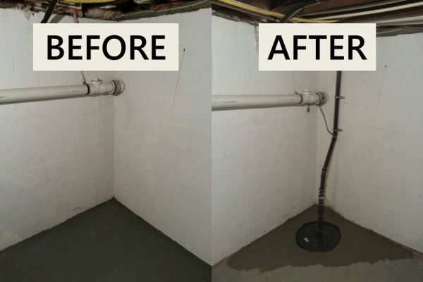 Before and after image showcasing sump pump installation by the best plumber in Asbury, NJ. Expert waterproofing solution ensures dry and safe basement, protecting against water damage and flooding. Applause Plumbing delivers top-notch sump pump services for residential properties.