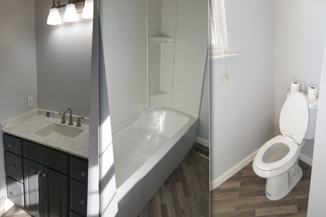 Triple-view of a stunning bathroom remodel by Applause Plumbing in Tatamy, PA. Witness the transformation from demolition to custom-built excellence. New bathtub, shower combination, toilet, vanity, and marble vanity top seamlessly installed. Follow us on social media for a time-lapse video and more captivating projects. 
