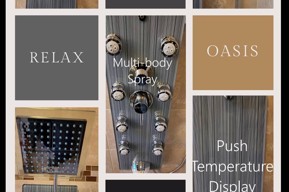 Multi-shot view of a luxury shower diverter set installed by Applause Plumbing in Stewartsville, NJ. The diverter features a shower wand, overhead shower, push temperature display, body spray, and tub spout. Enhance your showering experience with this indulgent home spa oasis. Stay connected on social media for exclusive updates.