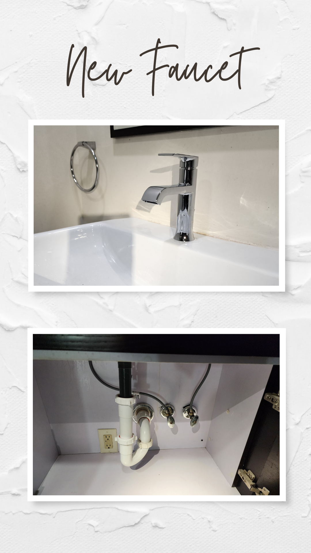Newly installed modern bathroom faucet with a sleek design, professionally fitted by Applause Plumbing and Heating. Under-sink view of a double sink installation, showcasing new traplines and waste lines installed for efficient drainage.